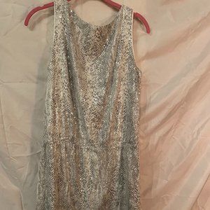 Silver sequins dress worn scoop neck or v-neck (hello boobies!)